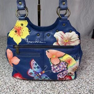 Anuschka Handpainted Butterfly Floral Hobo Bag Multicolor Large